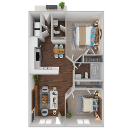 3D floor plan with two bedrooms and bathroom at Davidson Homes Apartments, Concord, 28027