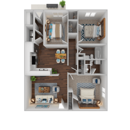 3D floor plan with three bedrooms and two bathrooms at Davidson Homes Apartments, Concord, North Carolina