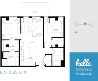 Floor Plan  E2 Floor Plan at Hello Apartments, Minneapolis, Minnesota