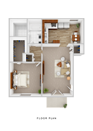 Floor Plan  A floor plan of a house with two bedrooms, a living room, a kitchen, and a bathroom.