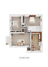 Floor Plan  A floor plan of a house with a living room, kitchen, and two bedrooms.