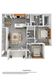 Floor Plan  A floor plan of a two-bedroom apartment with a living room, kitchen, and bathroom.