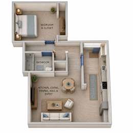 A 3D floor plan of a small apartment with a bedroom, bathroom, and a combined kitchen, living, dining and hallway area.