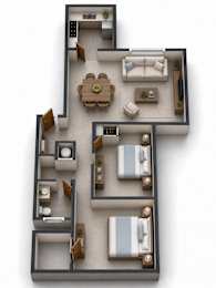 A 3D layout of a house with a kitchen, living room, dining room, and two bedrooms.