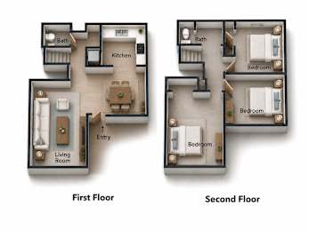 A diagram of a two-story house with labeled rooms.