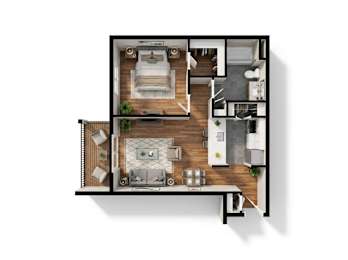 A top-down view of a modern apartment layout with a living room, kitchen, and bedroom.