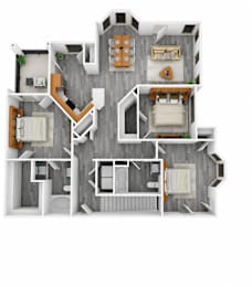 A 3D floor plan of a house with multiple rooms and furniture.
