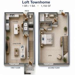A floor plan of a loft townhome with two bedrooms, two bathrooms, and a living area.