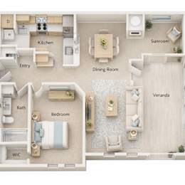 A floor plan of a house with a kitchen, dining room, living room, and bedrooms.