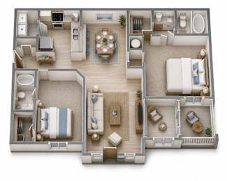 A 3D floor plan of a house with two bedrooms, a living room, a kitchen, and a bathroom.