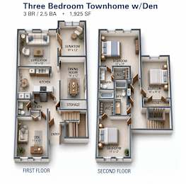 3D floor plan for three bedroom townhome with den at Linden Ridge Apartments, Georgia, 30083
