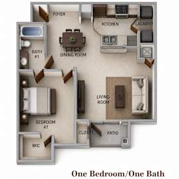 A floor plan of a one bedroom/one bath apartment.