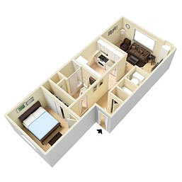 3D floor plan of one bedroom apartment layout at Fort Lane Apartments, Layton, Utah