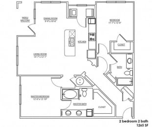 a floor plan of a 2 bedroom 2 bath floor plan with a bathroom and a