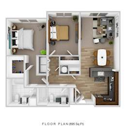 A floor plan of a 895 square foot apartment.