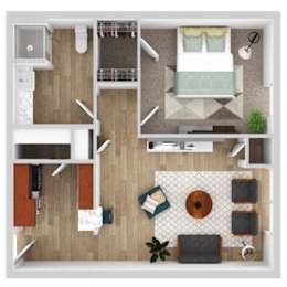 A top-down view of a living room with a couch, coffee table, and a television.