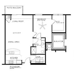 A black and white floor plan of a home with a living room, dining area, kitchen, bedroom, bathroom, and elevator.