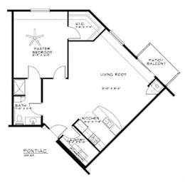 A floor plan of a home with a master bedroom, living room, kitchen, and bath.
