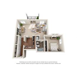 A 3D floor plan of a small apartment with a kitchen, living room, and bathroom.
