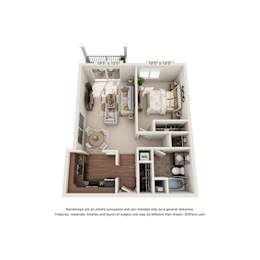 A 3D floor plan of a small apartment with a kitchen, living room, and bedroom.