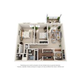 A 3D floor plan of a small apartment with a kitchen, living room, and bedroom.
