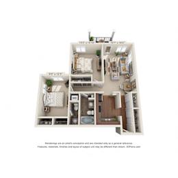 A 3D floor plan of a house with three bedrooms, a living room, a kitchen, and a bathroom.