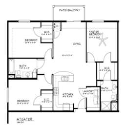 3 bedroom 2 bathroom floor plan with laundry at The Estates at Arbor Oaks Apartments, Andover