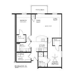 Rosewood two bedroom floor plan with dual bathrooms at The Estates at Arbor Oaks Apartments, Minnesota