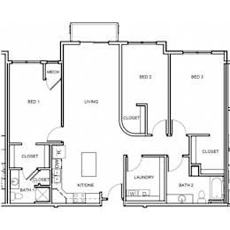 A floor plan of a house with three bedrooms, a laundry room, and a kitchen.