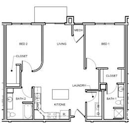 A floor plan of a small apartment with two bedrooms, a living room, a laundry room, and a bathroom.