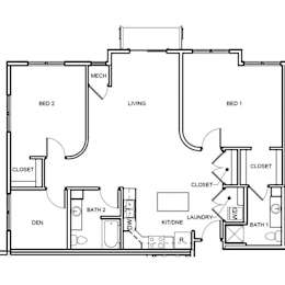 A floor plan of a home with two bedrooms, a living room, a laundry room, and a den.
