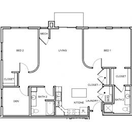 A floor plan of a small apartment with two bedrooms, a living room, a laundry room, and a den.