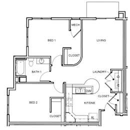 A floor plan of a small apartment with two bedrooms, a bathroom, a laundry room, and a kitchenette.