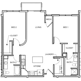A floor plan of a small apartment with two bedrooms, a living room, a laundry room, and a bathroom.
