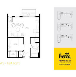 One bedroom floor plan with dining area at Hello Apartments, Minnesota, 55427