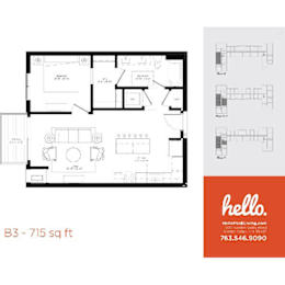Two bedroom floor plan 715 square feet at Hello Apartments, Minneapolis, 55427