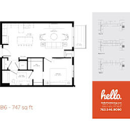 One bedroom floor plan 747 square feet at Hello Apartments, Minnesota