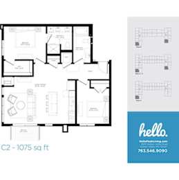 C2 floor plan 1075 square feet two bedroom layout at Hello Apartments, Minneapolis, MN 55427