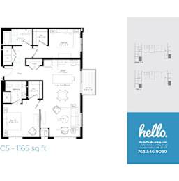 C5 floor plan 1165 square feet two bedroom layout at Hello Apartments, Minneapolis, Minnesota