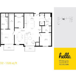 D2 floor plan 1326 square feet three bedroom layout at Hello Apartments, Minnesota