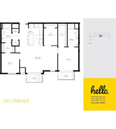 D3 floor plan 1326 square feet three bedroom layout at Hello Apartments, Minnesota, 55427
