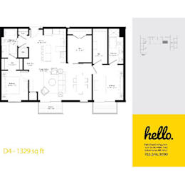 D4 floor plan 1329 square feet two bedroom layout at Hello Apartments, Minneapolis, MN 55427