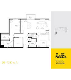 D5 floor plan 1330 square feet two bedroom layout at Hello Apartments, Minneapolis, MN
