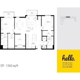 D7 floor plan 1362 square feet two bedroom layout at Hello Apartments, Minneapolis, Minnesota