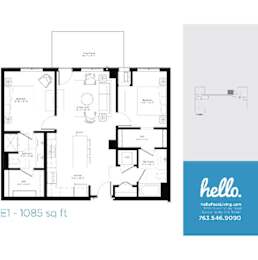 E1 floor plan 1085 square feet two bedroom layout at Hello Apartments, Minneapolis