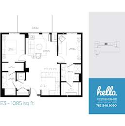 E3 floor plan 1085 square feet two bedroom layout at Hello Apartments, Minnesota, 55427
