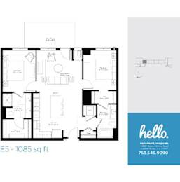 E5 floor plan 1085 square feet two bedroom layout at Hello Apartments, Minneapolis, MN