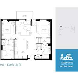 Two bedroom floor plan 1085 square feet at Hello Apartments, Minneapolis, 55427