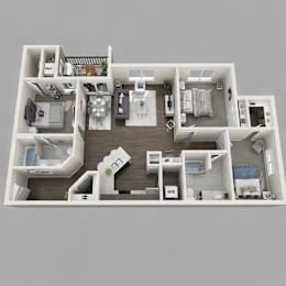 3D floor plan of two bedroom apartment layout at Connect at First Creek Apartments, Colorado, 80249