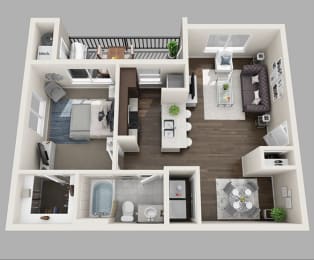 a 3d drawing of the floor plan of one bedroom 1 bath 745 sq. ft. at First Creek, Denver, Colorado